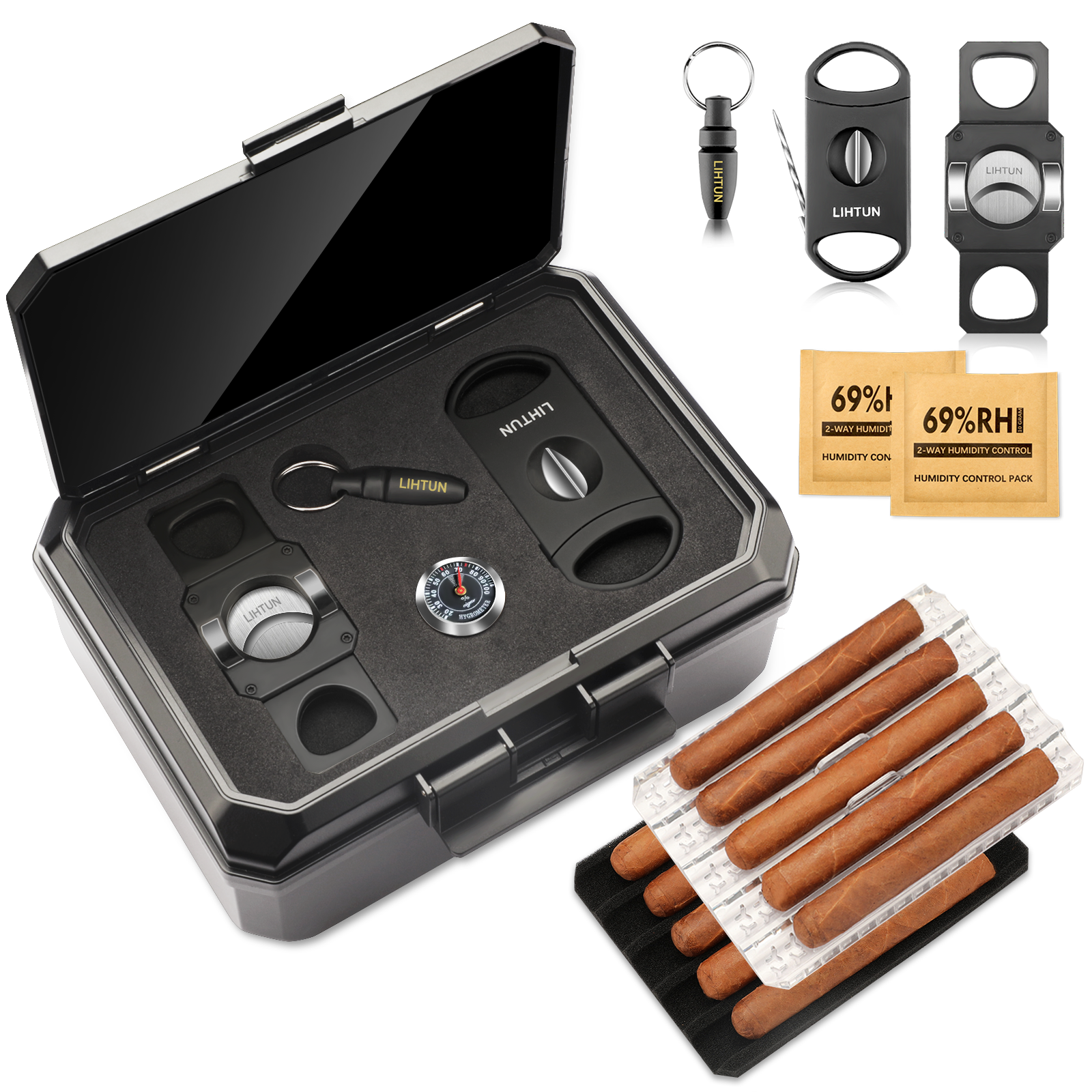 Cigar Cutter Set - Portable Travel Humidor Box with 2