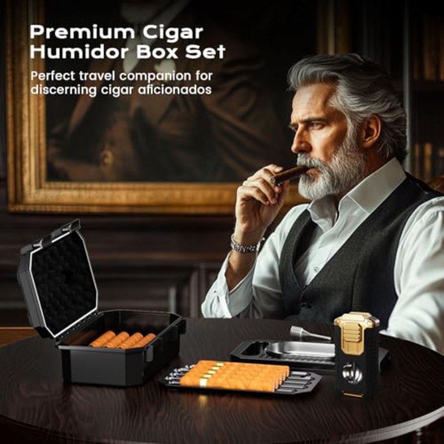 Travel Cigar Humidor Box set w - Cigar Cutter Set 리뷰 및 가격